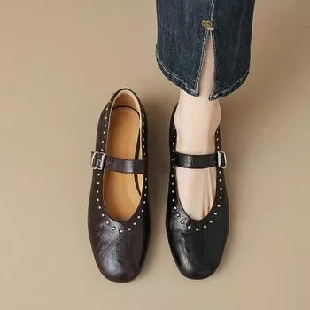 Туфли Мэри Джейн с заклепками круглой головки, женские, ретро, универсальные, на низком каблуке, одинарные 35 коричневый