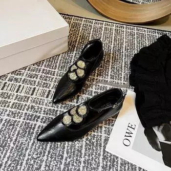 Туфли Мэри Джейн с золотистым цветочным узором: Коллекция ретро-весны 2024 года — женская мода в корейском и французском стиле, большие размеры, заостренный крой, тренд на плоской подошве 38 чёрный