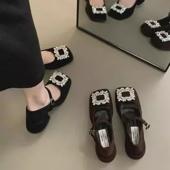 Туфли Мэри Джейн со стразами черного цвета 2024 года: Элегантный каблук средней высоты для женщин Size 38