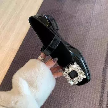 Туфли Мэри Джейн со стразами и квадратной пряжкой из замши, новые французские лакированные туфли на низком толстом каблуке, легкие кожаные туфли с вырезом, женские одинарные туфли 35 бордовый