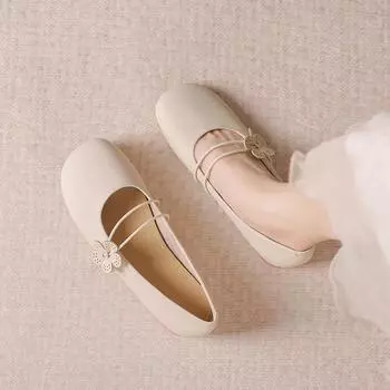 Туфли Мэри Джейн тринадцать линий женские 2024 новые весенние и летние туфли на плоской подошве туфли бабушки вечерние туфли одинарные женские 34 абрикосовый