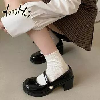 Туфли Мэри Джейн в британском стиле в стиле ретро 2024 года, универсальные повседневные туфли с жемчужными аксессуарами, туфли-лодочки на круглом носке, грубом квадратном каблуке, весна-лето 35 покинуть белый