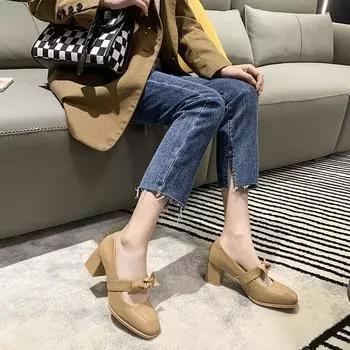 Туфли Мэри Джейн в готическом стиле с бантом на квадратном каблуке в японском стиле, белые, высокие, туфли Мэри Джейн для женщин 2024 года, женская летняя обувь A 34