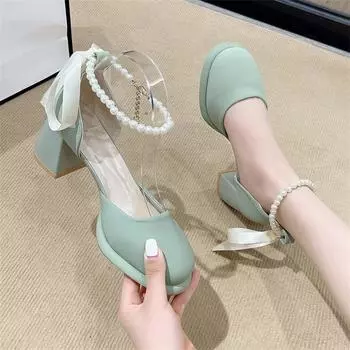 Туфли Мэри Джейн в сказочном стиле на высоком каблуке женские летние 2024 года, новые босоножки с жемчужным темпераментом в тон юбке и толстым каблуком 35 чёрный