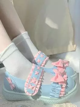 Туфли «Мэри Джейн» в стиле Лолита Кавайи, женские, слипоны, японские, милые, на плоской подошве, женские, с бантом-бабочкой, милые, модные, с круглым носком, летние 35 небесно-голубой