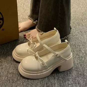 Туфли Мэри Джейн в стиле Лолиты из искусственной кожи, японские студенческие туфли JK, женская форма на высоком каблуке, обувь для девочек-студентов, обувь на платформе Kawaii Loli 35 бежевый