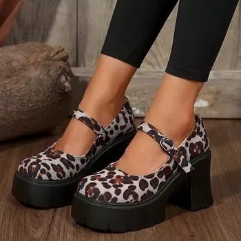 Туфли Мэри Джейн в стиле ретро с квадратной головой, знаменитые семейные туфли, новые весенние туфли с леопардовым принтом и подошвой маффин 35 серый