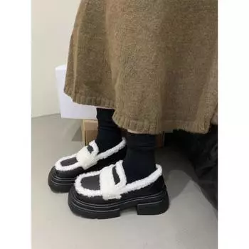 Туфли Мэри Джейн в стиле ретро с квадратным носком, зимние хлопковые туфли для женщин, теплые плюшевые туфли на низком каблуке, шерстяные мокасины с пряжкой на ремне, женские балетки 35 чёрный