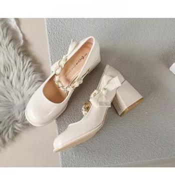 Туфли Мэри Джейн в стиле ретро с французской цепочкой из жемчуга, однобортные, женские, универсальные, весна-лето, неглубокий носок, средний толстый каблук 34 абрикосовый
