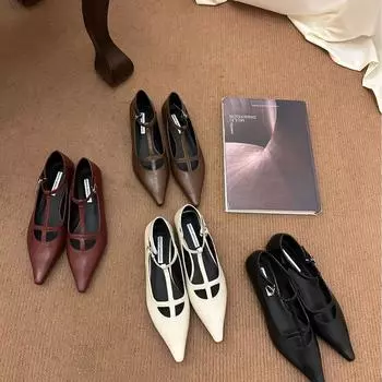 Туфли Мэри Джейн в стиле ретро с заостренным носком и неглубоким носком, женские туфли 2024 года в корейском стиле на низком каблуке, нежные туфли-ковши 35 чёрный