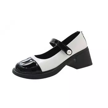 Туфли Мэри Джейн в стиле ретро с неглубоким воротом, женская весна 2024, новые туфли на толстом каблуке, однотонные, с пряжкой, с одним словом, маленькие кожаные туфли прилив 35