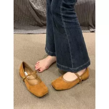 Туфли Мэри Джейн в стиле ретро, женская обувь, весна и осень 2024, новые замшевые туфли на плоской подошве, французские туфли для позднего вечера с юбкой 35 чёрный