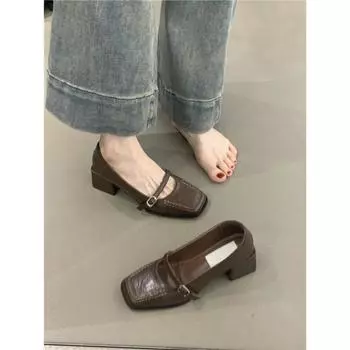 Туфли Мэри Джейн в стиле ретро, женская осень 2024, новый французский темперамент, элегантный квадратный нос, легкий рот, толстый каблук, одинарные туфли на высоком каблуке 35 чёрный