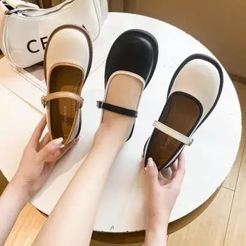 Туфли Мэри Джейн в стиле ретро. Женские модные женские туфли с круглым носком и ремешком на щиколотке. Женские туфли на плоской подошве с мелкой подошвой. Женские туфли в британском стиле. 35 белый