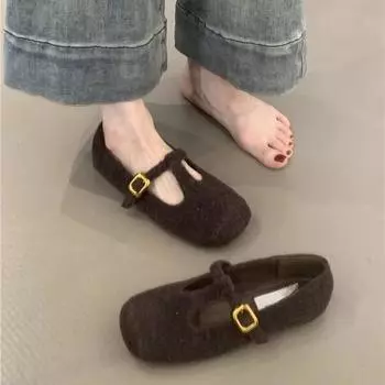 Туфли Мэри Джейн в стиле ретро женские 2025 года, новый французский темперамент, элегантные шерстяные туфли с квадратной головкой и мягкой подошвой, вечерние туфли 35 абрикосовый