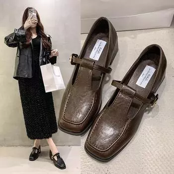 Туфли Мэри Джейн в стиле ретро, женские, осень 2024 года, новый французский темперамент, элегантная пряжка, квадратная головка, легкий рот, толстый каблук, пригородные туфли 35 чёрный
