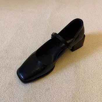 Туфли Мэри Джейн в стиле ретро, женские, черные, с одним словом, квадратная голова, светлый рот, толстый каблук, вечерние туфли во французском стиле 35 чёрный
