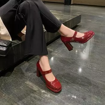 Туфли Мэри Джейн в стиле ретро, женские, красные, с толстым каблуком, с надписью «One-Word», с пряжкой, на высоком каблуке, одинарные 35