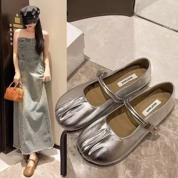 Туфли Мэри Джейн в стиле ретро, женские летние туфли на плоской подошве для легкого ветра, модные и удобные 35 серебряный
