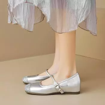 Туфли Мэри Джейн Weiwei Girl 865-5 с французской квадратной головкой, плоская подошва, одно слово со светлым ртом, серебристая внутренняя часть, увеличивающая рост, одинарные женские туфли 34 серебряный