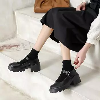 Туфли Мэри Джейн весна-осень 2024 г.: Толстые каблуки, толстая подошва, студенческий стиль, ретро-кожа, женские миниатюрные размеры matte, size 39 чёрный