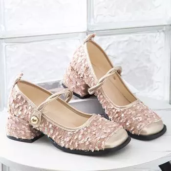 Туфли Мэри Джейн во французском стиле, маленькие, ароматные, новые, с блестками, на толстом каблуке, весенние, женские, одиночные туфли 35