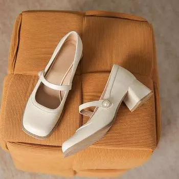 Туфли Мэри Джейн, женская новая весенняя мода, универсальная женская обувь, квадратный толстый каблук, однословная пряжка, женская обувь в британском стиле 34 абрикосовый