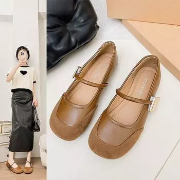 Туфли Мэри Джейн Женская обувь Весна и осень Мягкая подошва Нескользящая мягкая поверхность A Word с мелким горлом Одиночные туфли 35 коричневый