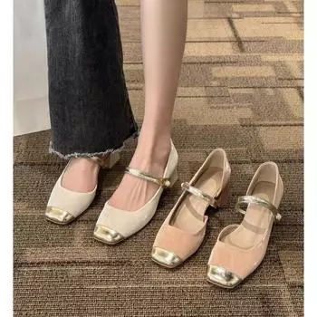 Туфли Мэри Джейн Женская юбка Грубый каблук Сандалии на высоком каблуке Французская фея Нежные одинарные туфли 35 розовый