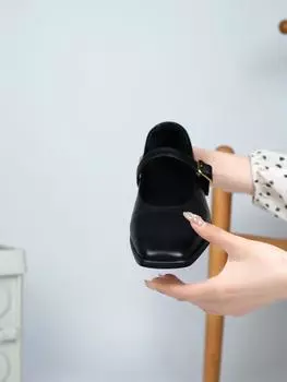 Туфли Мэри Джейн, женские балетки на кнопках, женская обувь из овчины с квадратным носком на плоской подошве 35 чёрный