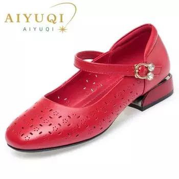Туфли Мэри Джейн, женские красные ажурные весенне-летние женские модельные туфли, модные женские туфли большого размера из натуральной кожи 34