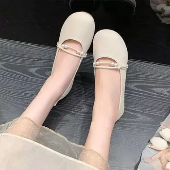 Туфли Мэри Джейн женские летние 2025 года новые универсальные туфли на плоской подошве с неглубоким носком с туфлями Doudou женские нежные ветровки жемчужные туфли с мягкой подошвой 35