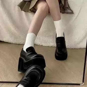 Туфли Мэри Джейн Женские мокасины Весна Лето Осень Универсальные Туфли на толстой подошве Толстый каблук Черные водонепроницаемые туфли на платформе из искусственной кожи с круглым носком Высокие каблуки 40 чёрный