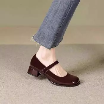 Туфли Мэри Джейн Женские одинарные туфли Туфли на высоком толстом каблуке Модные и удобные 35 коричневый