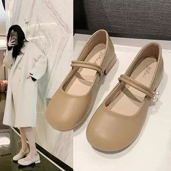 Туфли Мэри Джейн Женские однобортные туфли на толстом каблуке Летние нежные туфли с неглубоким носком из сои 35 бежевый
