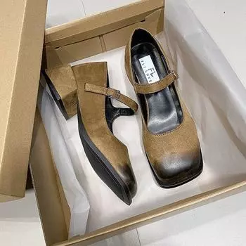 Туфли Мэри Джейн женские осень-зима 2024 новые французские туфли с пряжкой из одного слова на высоком каблуке квадратный нос легкий рот толстый каблук универсальные одинарные туфли 35 чёрный