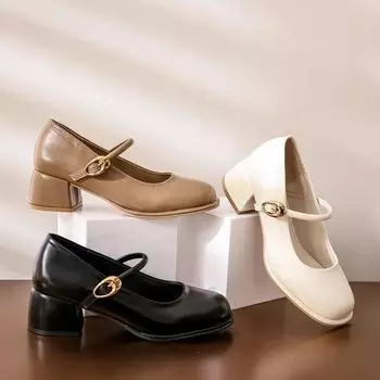 Туфли Мэри Джейн, женские повседневные удобные туфли-лодочки на высоком каблуке в британском стиле, весна-осень в стиле ретро с квадратной головкой 35 бежевый
