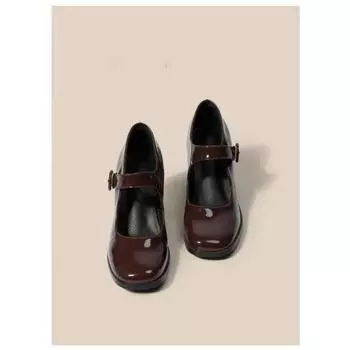 Туфли Мэри Джейн женские ретро высокие каблуки с пряжкой в одно слово толстый каблук квадратная головка одинарные женские 34 кофейный