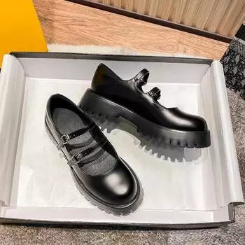 Туфли Мэри Джейн. Женские туфли на высокой платформе на толстой подошве. Маленькие кожаные туфли в стиле ретро. Туфли с пряжкой в одно слово. 35