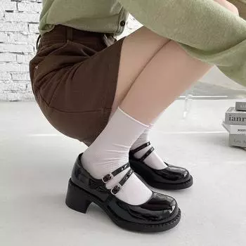 Туфли Мэри Джейн, женские туфли на высоком каблуке, новые туфли в стиле ретро в британском стиле Jk, черные, на толстом французском каблуке, маленькие кожаные туфли 35 чёрный
