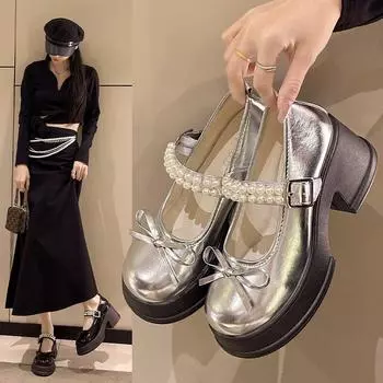 Туфли Мэри Джейн Женские туфли на высоком каблуке Женские туфли Толстая подошва Увеличивающие рост туфли Толстые каблуки Одинарные туфли на высоком каблуке 35 серебряный