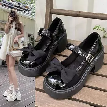 Туфли Мэри Джейн женские туфли с толстой подошвой и большим носком летние весенние туфли с бантом мягкие туфли Sister Single модные и удобные 35 чёрный