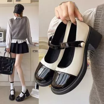 Туфли Мэри Джейн Женские весенние грубые с толстой подошвой Внутренняя высота Туфли Маленькие ароматные Туфли-кексы на высоком каблуке Одинарные туфли 35 чёрный