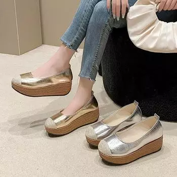 Туфли Мэри Джейн, женские весенние модные туфли на танкетке, одинарные туфли, темперамент, однословная пряжка, легкие кожаные туфли с горлом 38 серебряный