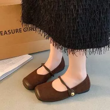 Туфли Мэри Джейн женские весна 2025 года новые французские ретро однословные пряжки с плоским дном квадратная головка неглубокий носок одинарные женские туфли 35 чёрный