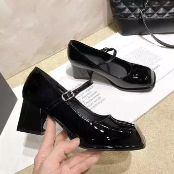 Туфли Мэри Джейн женские весна 2025 новые черные маленькие кожаные туфли квадратный носок толстый каблук лакированная кожа высокий каблук одинарные туфли 34