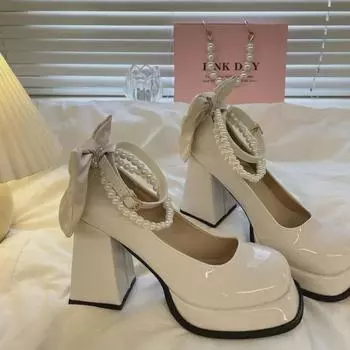 Туфли Mary Jane женские большого размера WD - весна 2024 г., белые свадебные, французская водонепроницаемая платформа, толстый каблук, маленькие кожаные туфли 40