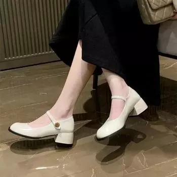 Туфли Mary Jane женские из искусственной кожи на высоком каблуке, студенческая мода, новые толстые каблуки 2024 года, повседневная классическая женская обувь на одной пуговице 34 покинуть белый