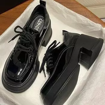 Туфли Mary Janes Retro Black, женские, на шнуровке, нескользящие, повседневные, на платформе, на среднем каблуке, для офиса, элегантные, корейские, 2024 года, новинка 35