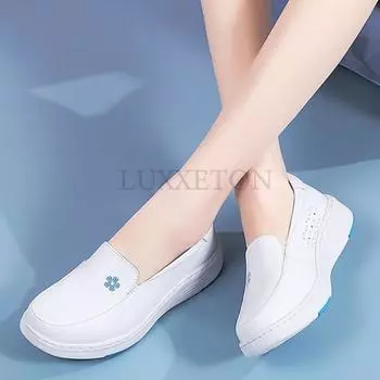 Туфли медсестры из натуральной кожи для женщин, мягкие, на толстой подошве, дышащие, на плоской подошве, нескользящие, на все сезоны, белые 40